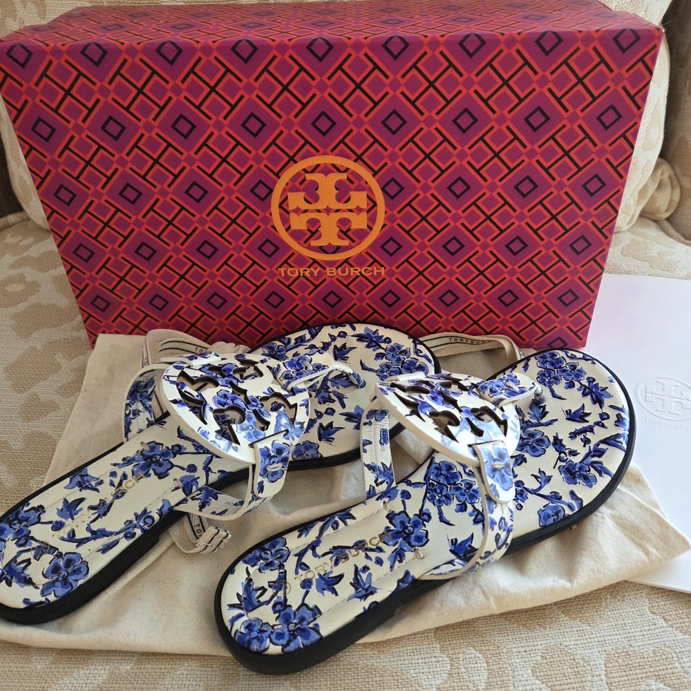 Tory Burch White and Blue Floral Sandals